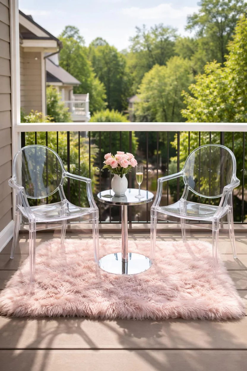 A realistic photo of an American home's balcony featuring two transparent acrylic ghost chairs, a small chrome side table, a pink faux fur rug, and a glass of champagne on the table.