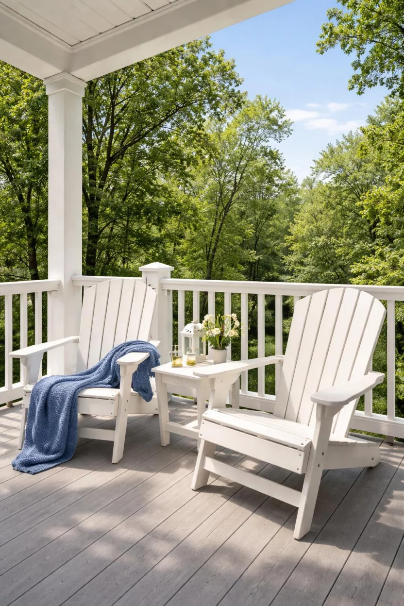 A realistic photo of an American home's balcony with two classic white folding adirondack chairs, a small matching side table, a blue knit throw blanket, and a view of green trees in the background.