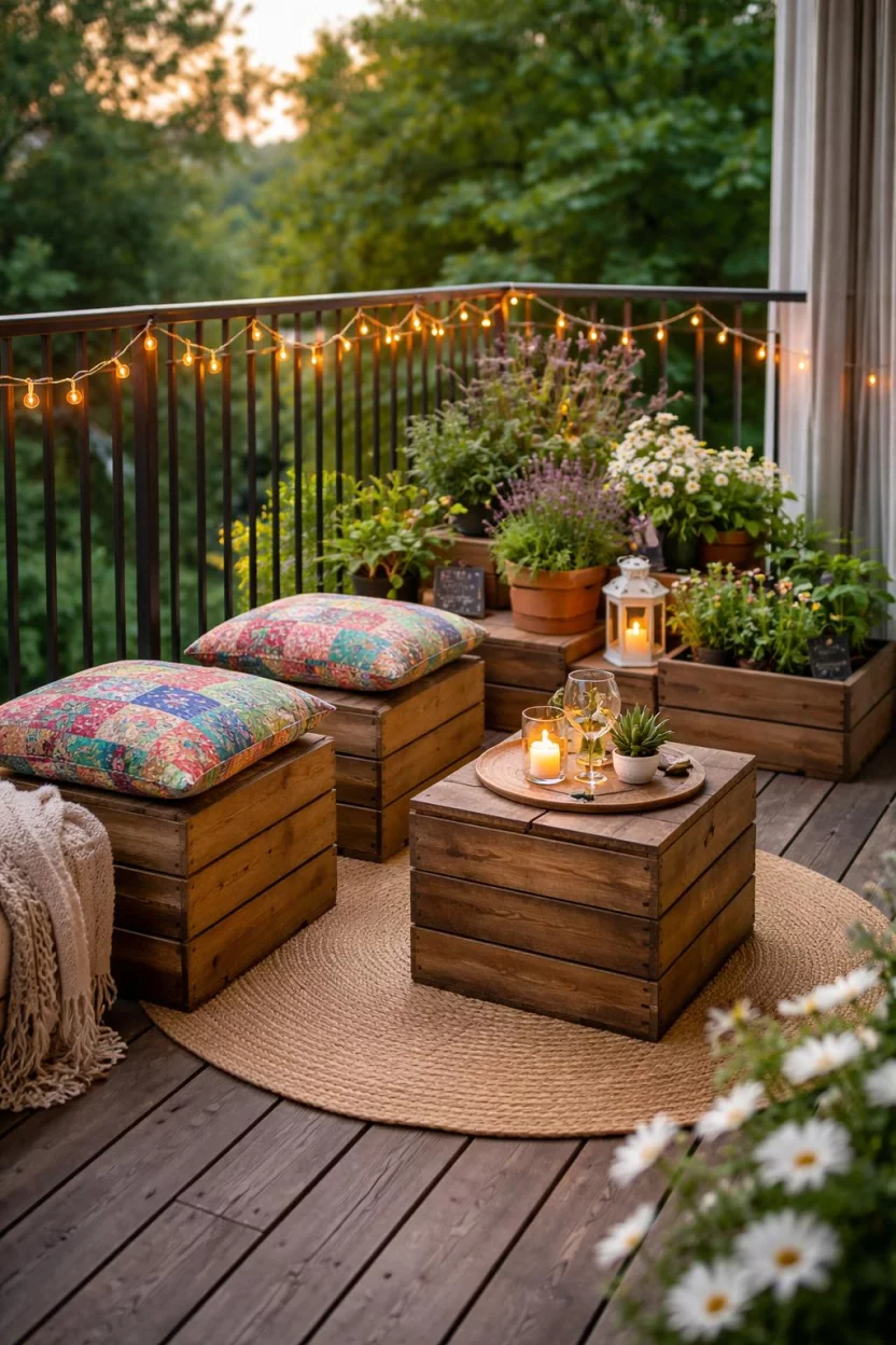 A realistic photo of an American home's balcony with three vintage style wooden crates used as seats, colorful patchwork cushions, a string of copper fairy lights, and a small herb garden in a wooden box.