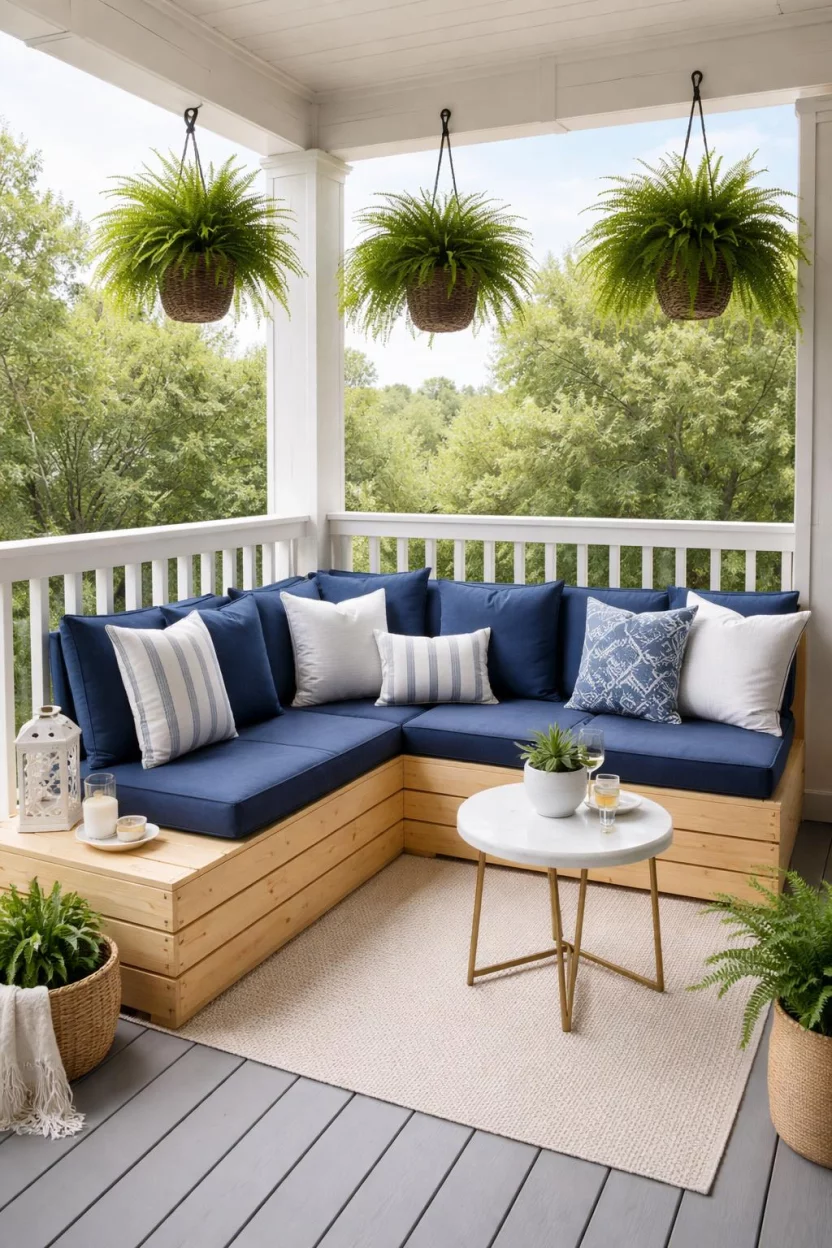A realistic photo of an American home's balcony showcasing a custom built corner bench made of light pine wood, navy blue outdoor cushions, a small white marble side table, and a few hanging potted ferns.