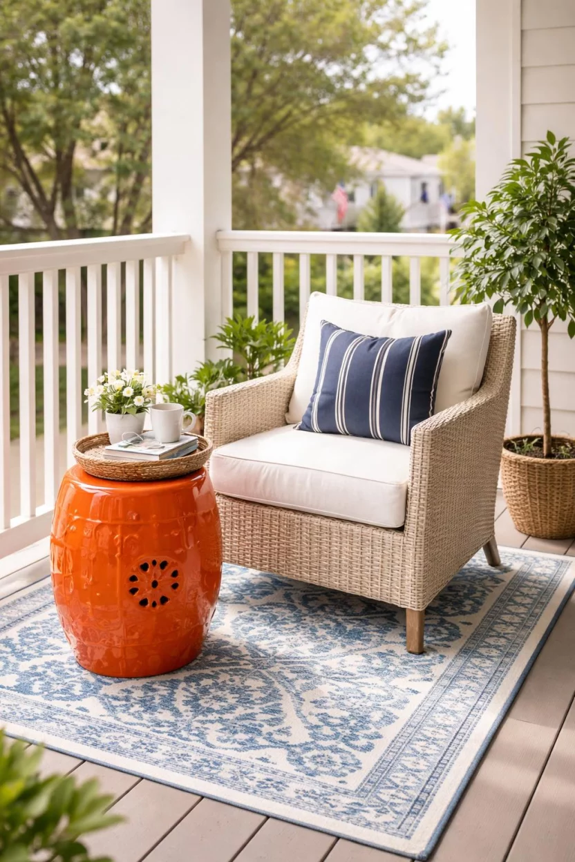 A realistic photo of an American home's balcony showcasing a bright orange glazed ceramic garden stool, a cream colored wicker armchair, a small outdoor rug with a blue pattern, and a tray with a book.