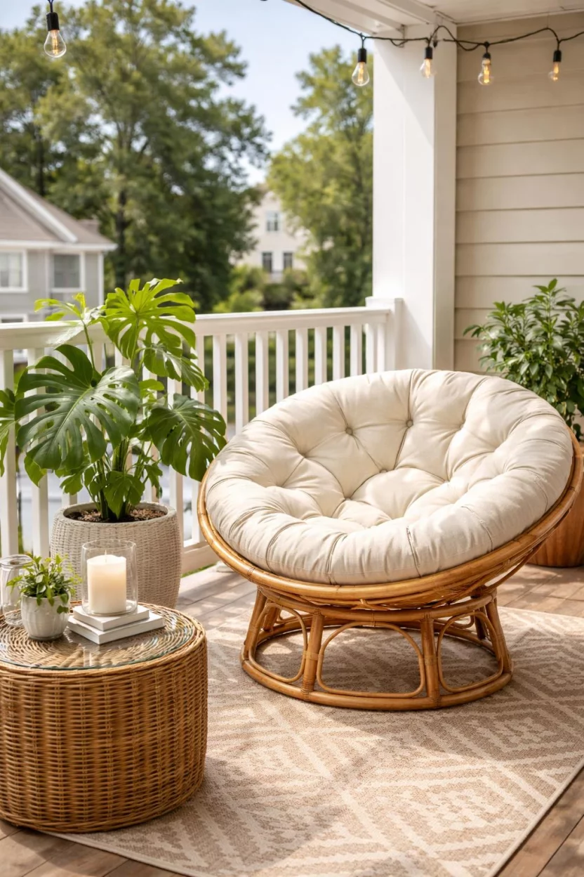 A realistic photo of an American home's balcony featuring a large natural rattan papasan chair, a thick cream colored tufted cushion, a side table with a candle, and a large potted monstera plant.