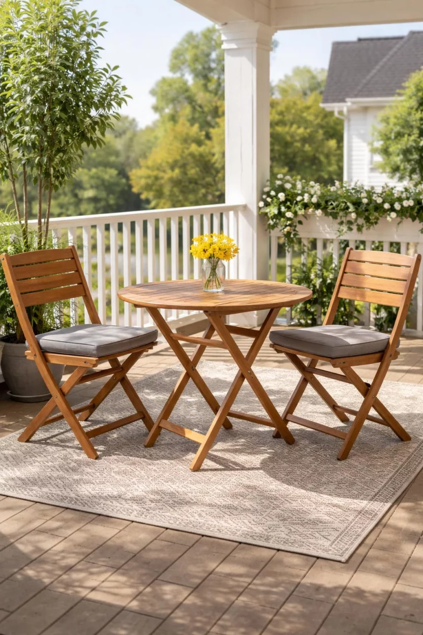 A realistic photo of an American home's balcony with a premium teak wood folding table, two matching teak chairs with grey cushions, a small glass vase with yellow flowers, and a high quality outdoor rug.
