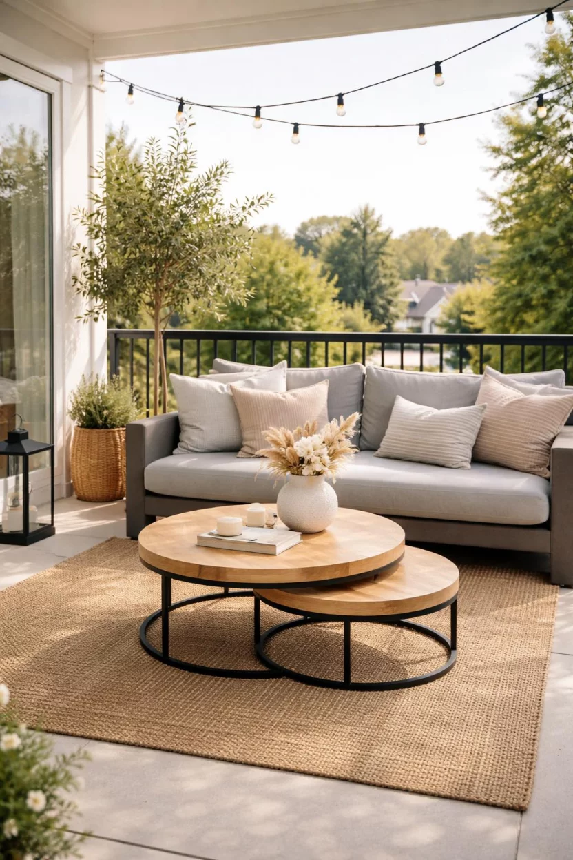 A realistic photo of an American home's balcony with a set of two nesting round wooden coffee tables, a low grey outdoor sofa, a white ceramic vase with dried flowers, and a natural fiber rug.