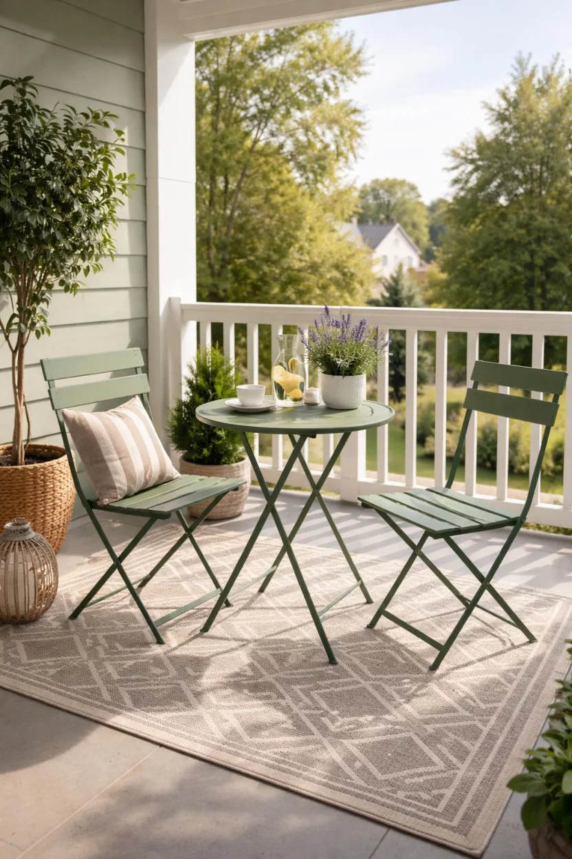 A realistic photo of an American home's balcony featuring a sage green foldable metal bistro set, two matching chairs with slatted seats, a small round table, a neutral geometric outdoor rug, and a small potted lavender plant under soft morning sunlight.