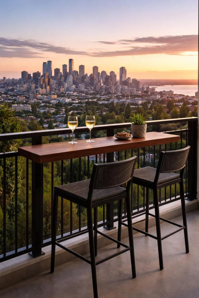 A realistic photo of an American home's balcony with a dark walnut railing mounted bar table, two tall black metal bar stools, two wine glasses, and a panoramic view of a city skyline at sunset.