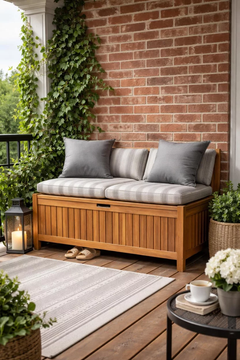 A realistic photo of an American home's balcony featuring a natural acacia wood storage bench, grey striped weather resistant cushions, a small glass lantern, and a climbing ivy plant against a brick wall backdrop.