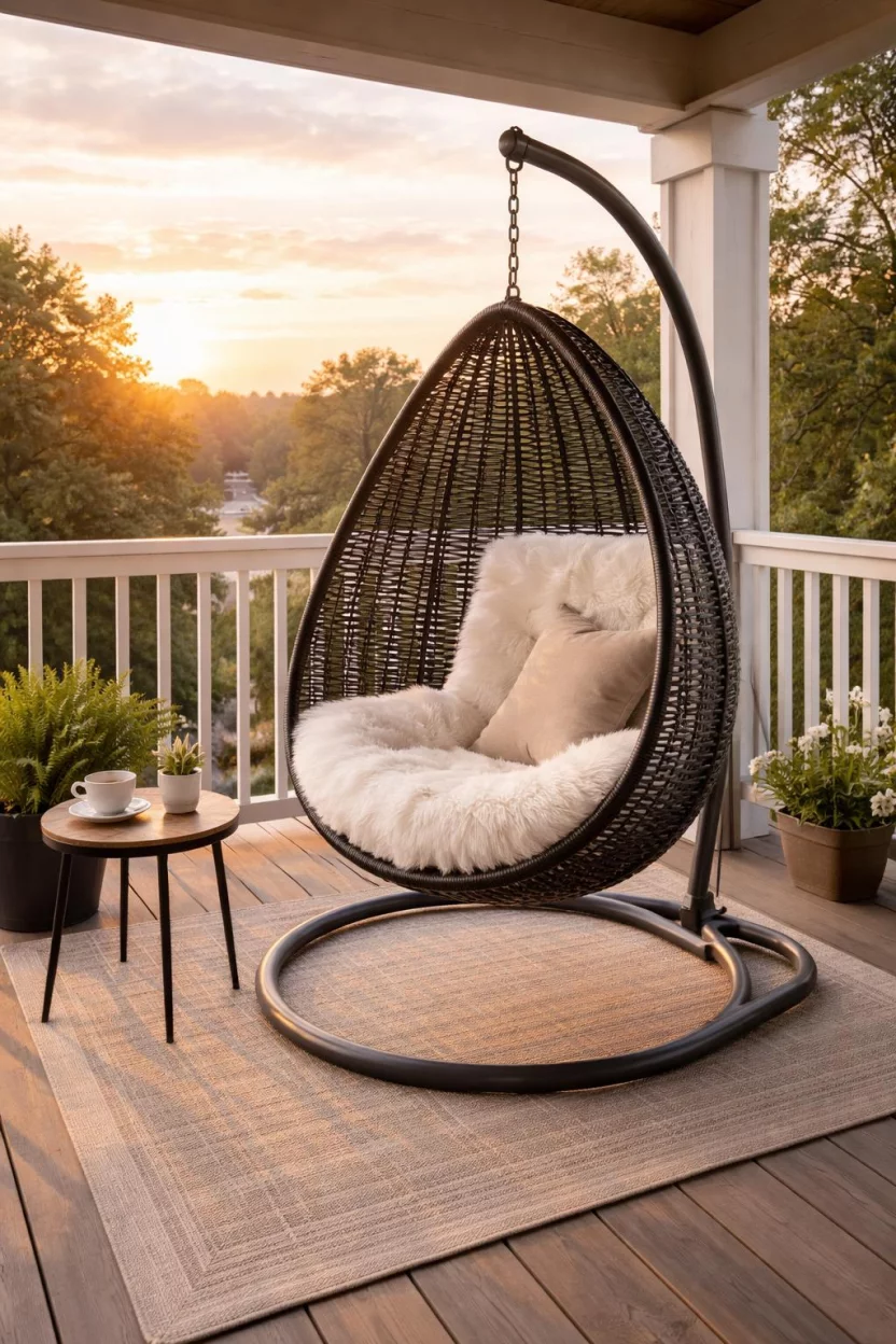 A realistic photo of an American home's balcony showcasing a teardrop shaped black resin wicker swing chair, a white fluffy cushion, a grey metal stand, and a small side table with a cup of coffee at sunrise.