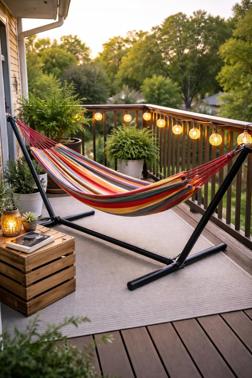 A realistic photo of an American home's balcony with a multi colored striped fabric hammock, a black steel hammock stand, a small wooden crate used as a side table, and a string of solar lanterns hanging from the railing.