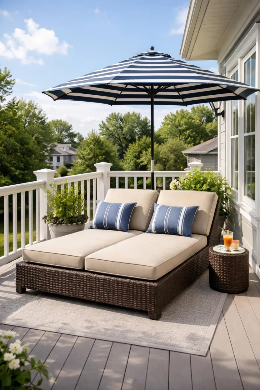 A realistic photo of an American home's balcony featuring a double wide dark brown rattan sun lounger, thick beige cushions, a striped navy blue umbrella, and a small side table holding a glass of iced tea.