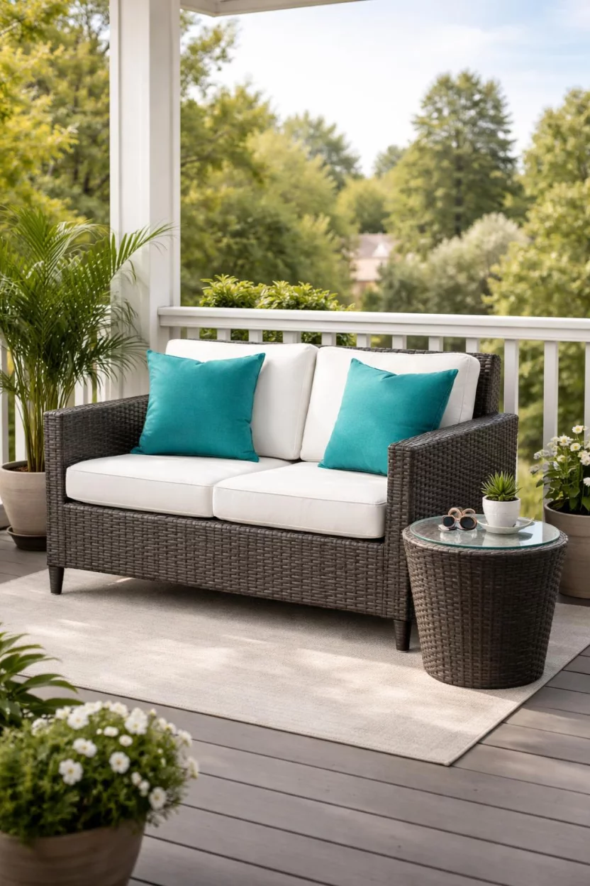 A realistic photo of an American home's balcony showing a charcoal grey all weather wicker loveseat, plush white seat cushions, two bright teal outdoor pillows, and a small round wicker side table with a glass top.