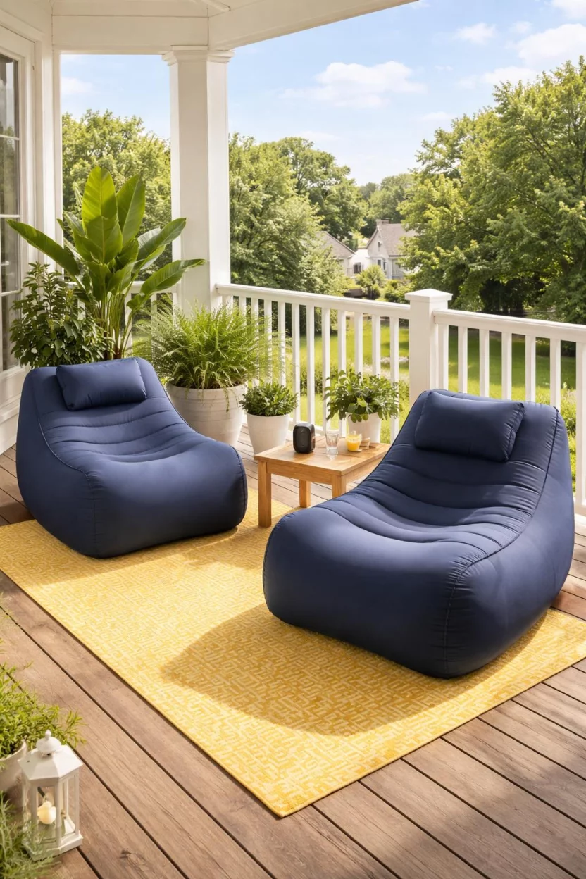 A realistic photo of an American home's balcony with two navy blue inflatable lounger chairs, a light oak side table, a portable bluetooth speaker, and a bright yellow outdoor rug on a wooden deck.