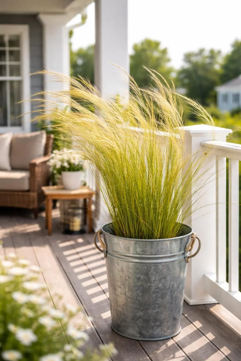 A realistic photo of an American home's balcony featuring wispy Mexican feather grass swaying in the wind inside a tall galvanized metal bucket.