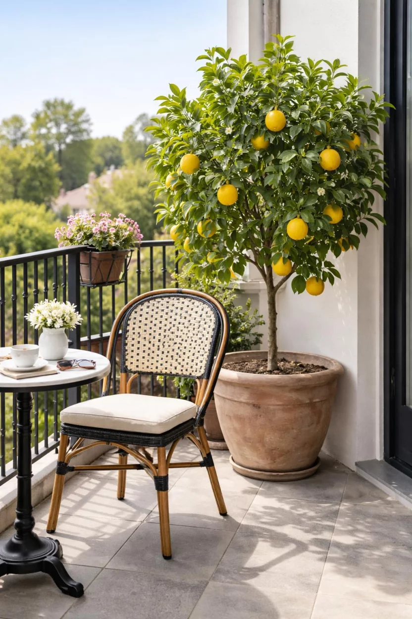 A realistic photo of an American home's balcony with a small citrus tree bearing bright yellow lemons in a large clay pot next to a comfortable bistro chair.