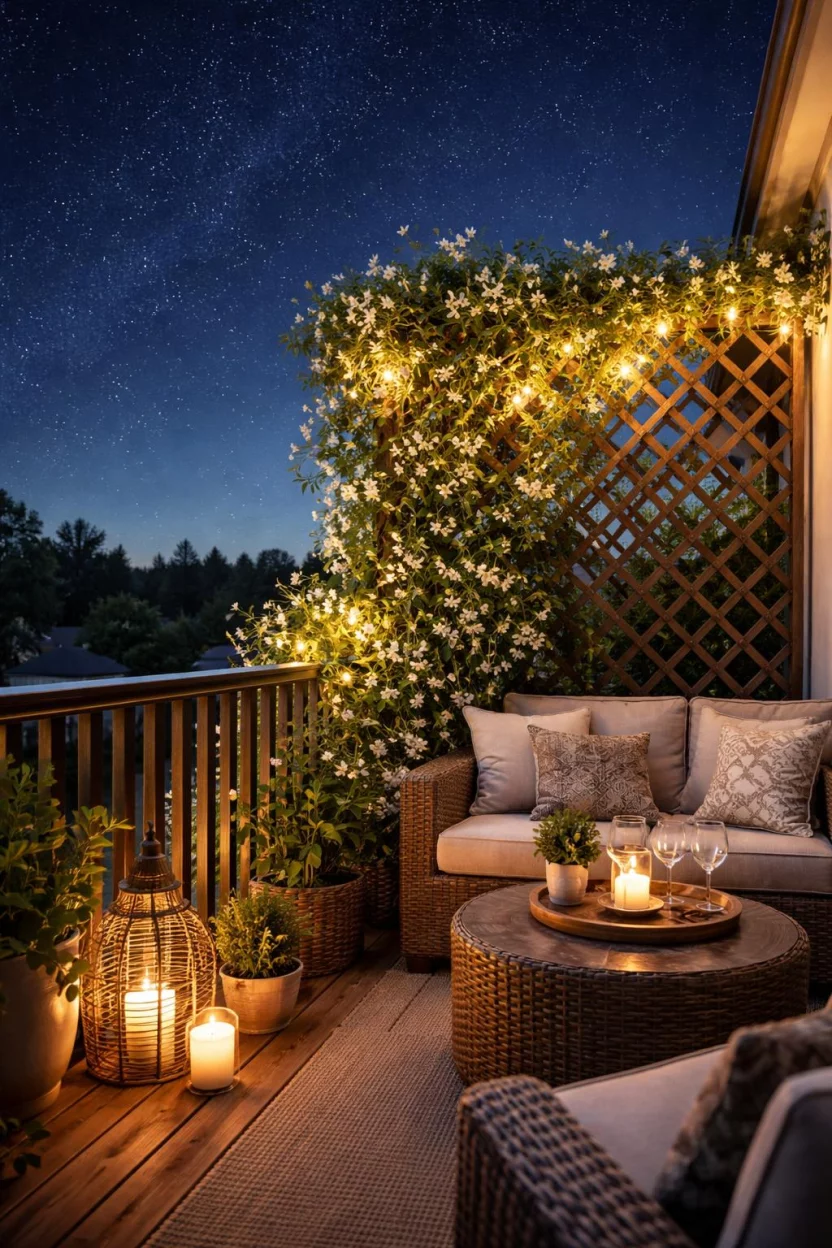 A realistic photo of an American home's balcony showing a jasmine vine with small white flowers climbing a wooden lattice under a starry night sky.
