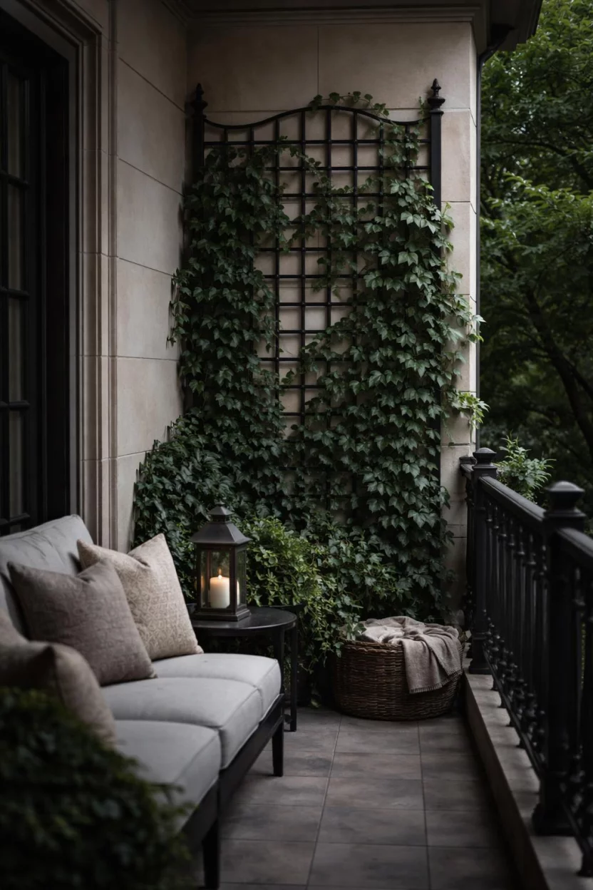 A realistic photo of an American home's balcony featuring dark green ivy vines climbing up a black iron trellis in a shaded corner with subtle moody lighting.
