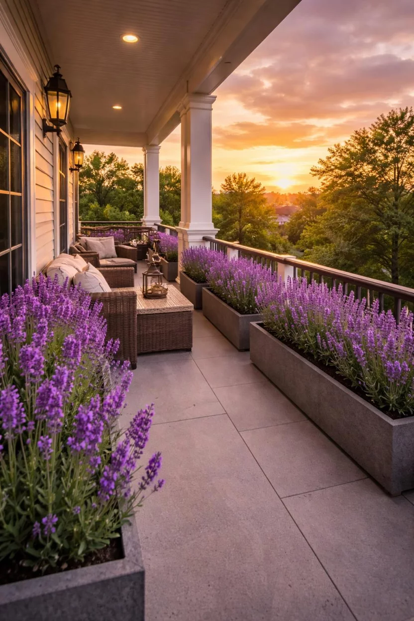 A realistic photo of an American home's balcony showing rows of purple lavender stems in sleek gray stone rectangular pots during a golden hour sunset.
