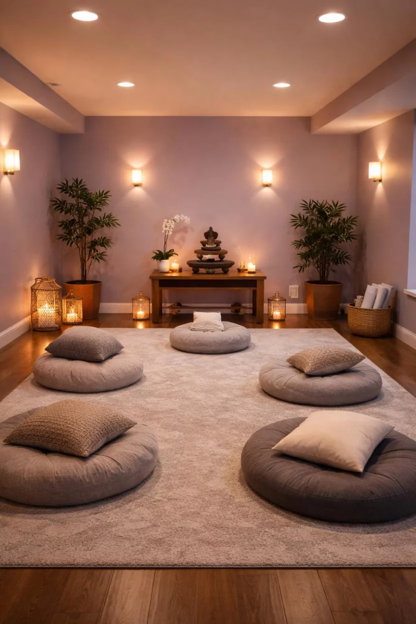 Soft Lavender A realistic photo of an American home's basement meditation room with soft lavender walls, floor cushions, a small water fountain, and dim dimmable lighting that creates a peaceful and spiritual atmosphere for quiet reflection.