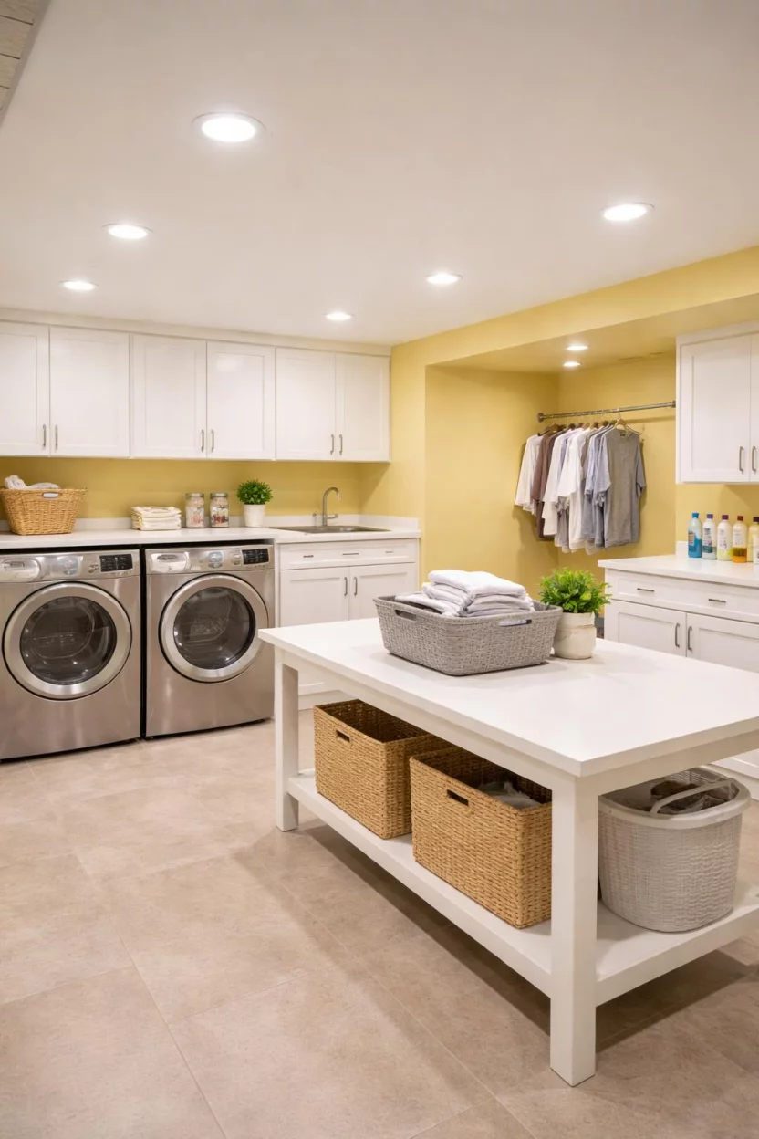 Sunny Pale Yellow A realistic photo of an American home's basement laundry room painted in a cheery pale yellow, featuring white cabinetry, a large folding table, stainless steel appliances, and bright LED overhead lighting that makes the windowless chores area feel energetic.