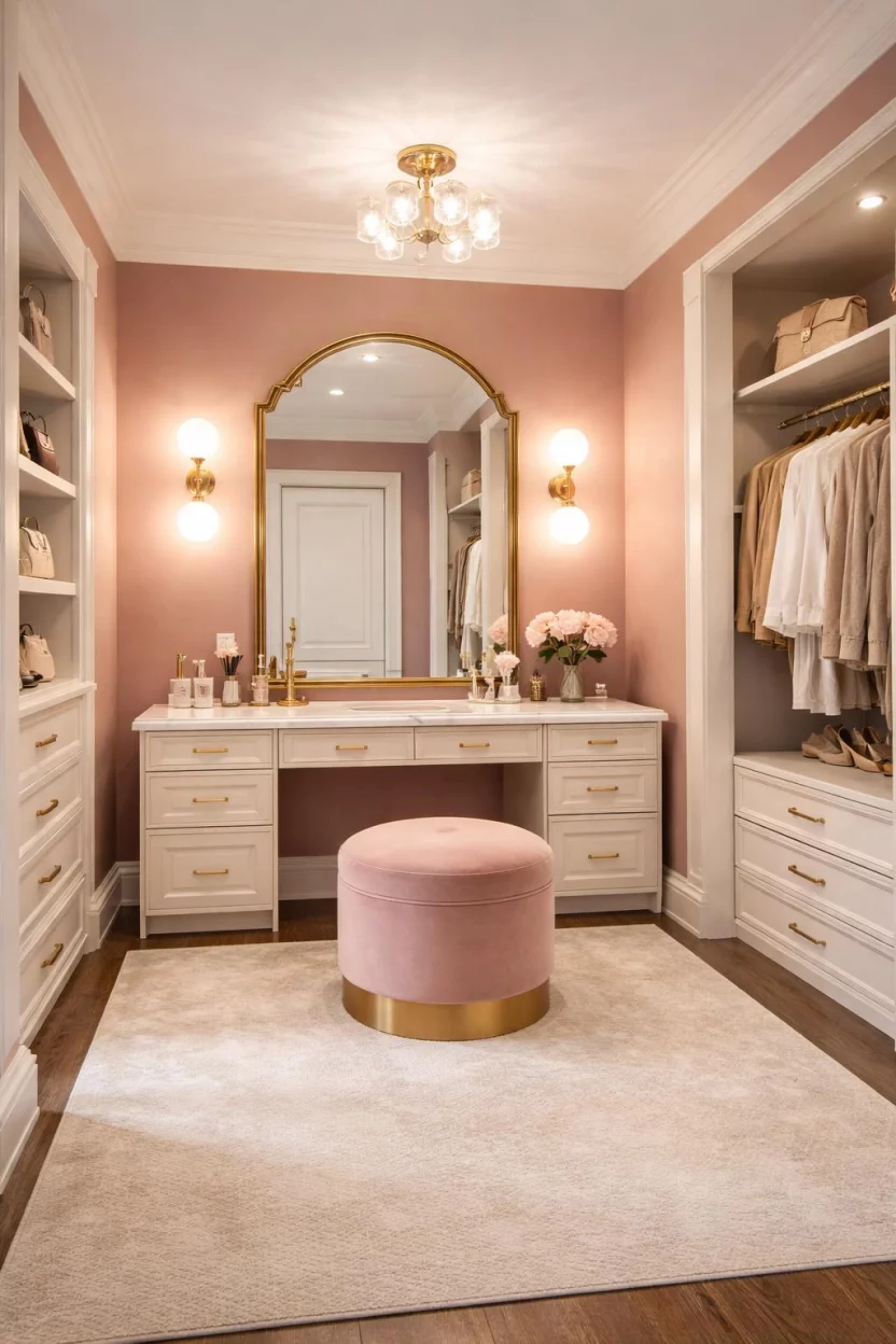 Dusty Rose A realistic photo of an American home's basement walk-in closet or vanity area with dusty rose walls, a gold framed vanity mirror, velvet seating, and soft globe lighting that creates a glamorous and sophisticated dressing space.