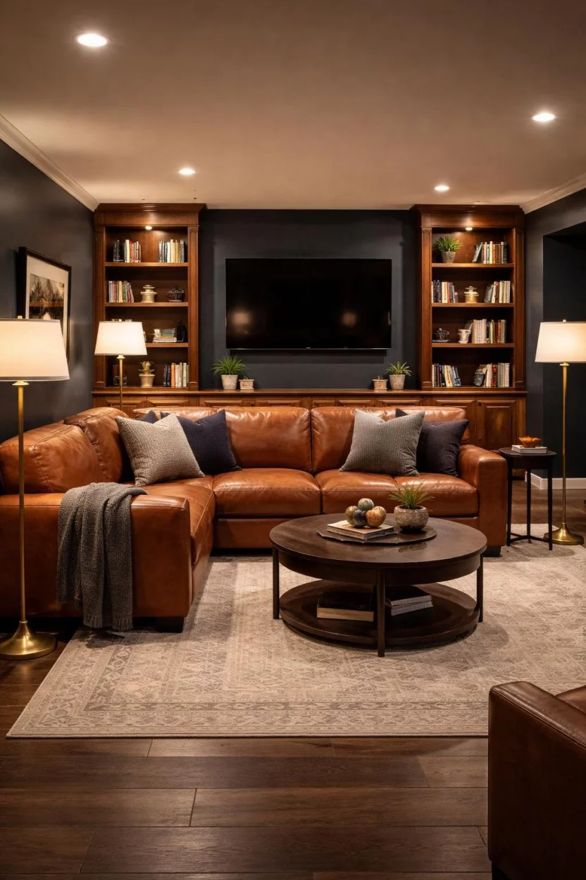 Deep Navy Blue A realistic photo of an American home's basement with dark navy blue walls, a cognac leather sofa, brass floor lamps, built-in wooden bookshelves, and warm accent lighting that highlights the rich texture of the paint in a sophisticated basement den.