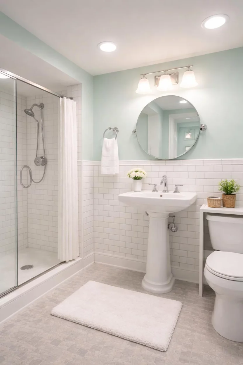 Cool Mint Green A realistic photo of an American home's basement bathroom with mint green walls, white subway tile, a pedestal sink, and chrome fixtures that create a crisp and refreshing spa-like atmosphere in a small underground space.
