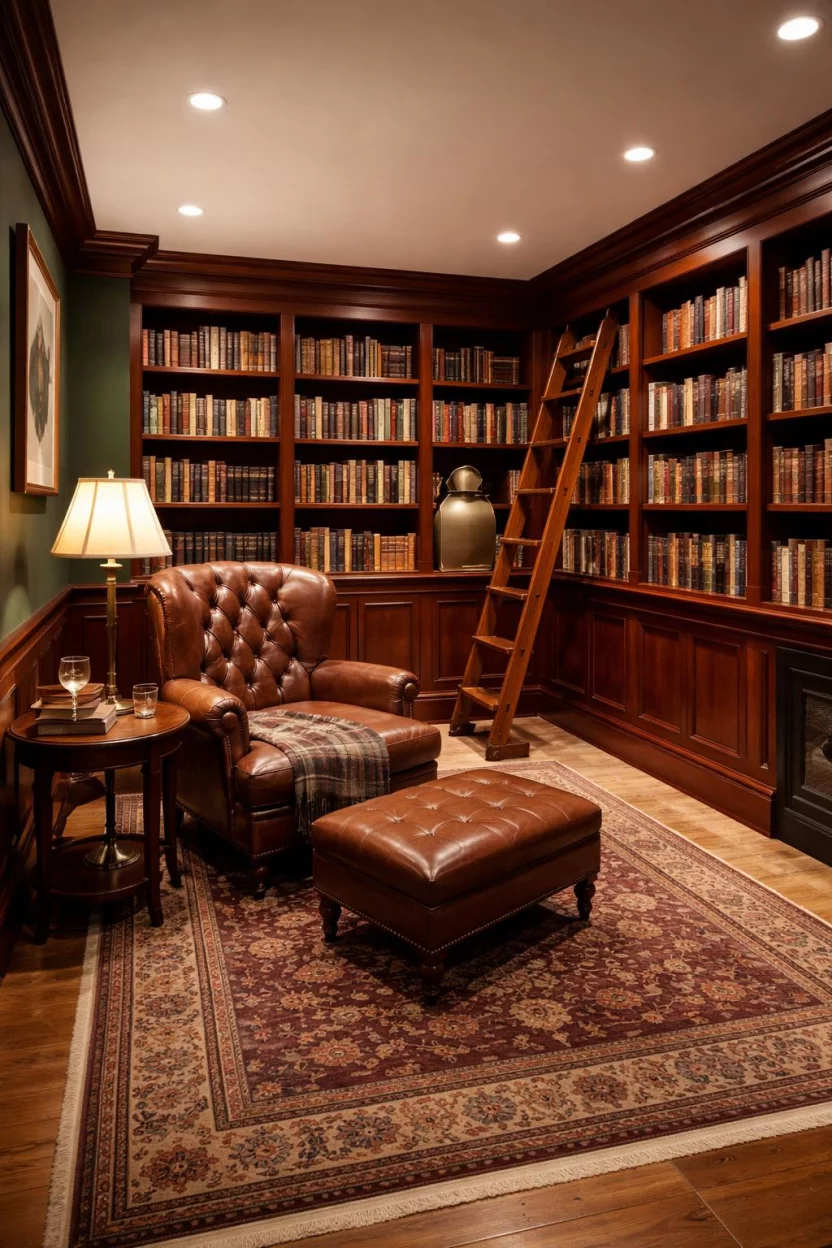 Rich Hunter Green A realistic photo of an American home's basement library with rich hunter green walls, a tufted leather armchair, a rolling ladder, and warm mahogany wood accents that create a timeless and scholarly atmosphere for reading.