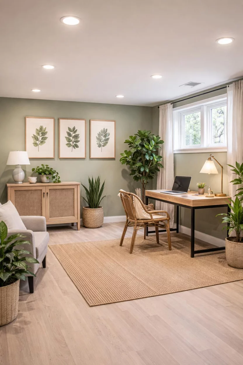 Muted Sage Green A realistic photo of an American home's basement with muted sage green walls, botanical artwork, light linen curtains, a jute area rug, and several potted indoor plants that bring a touch of nature to the subterranean home office space.