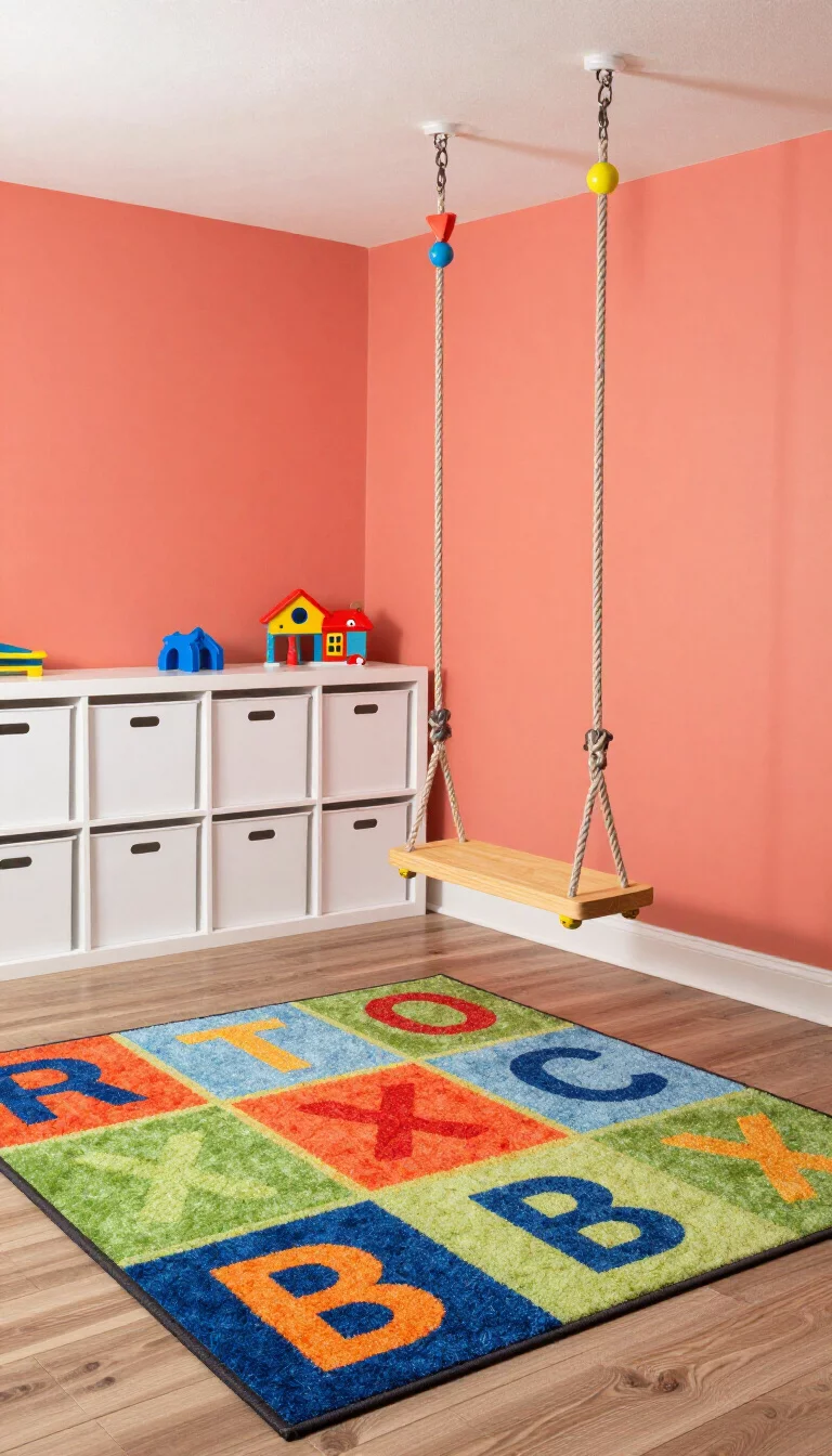 Playful Coral A realistic photo of an American home's basement playroom with bright coral accent walls, white storage bins, a colorful alphabet rug, and a whimsical indoor swing that creates a fun and energetic environment for young children at play.