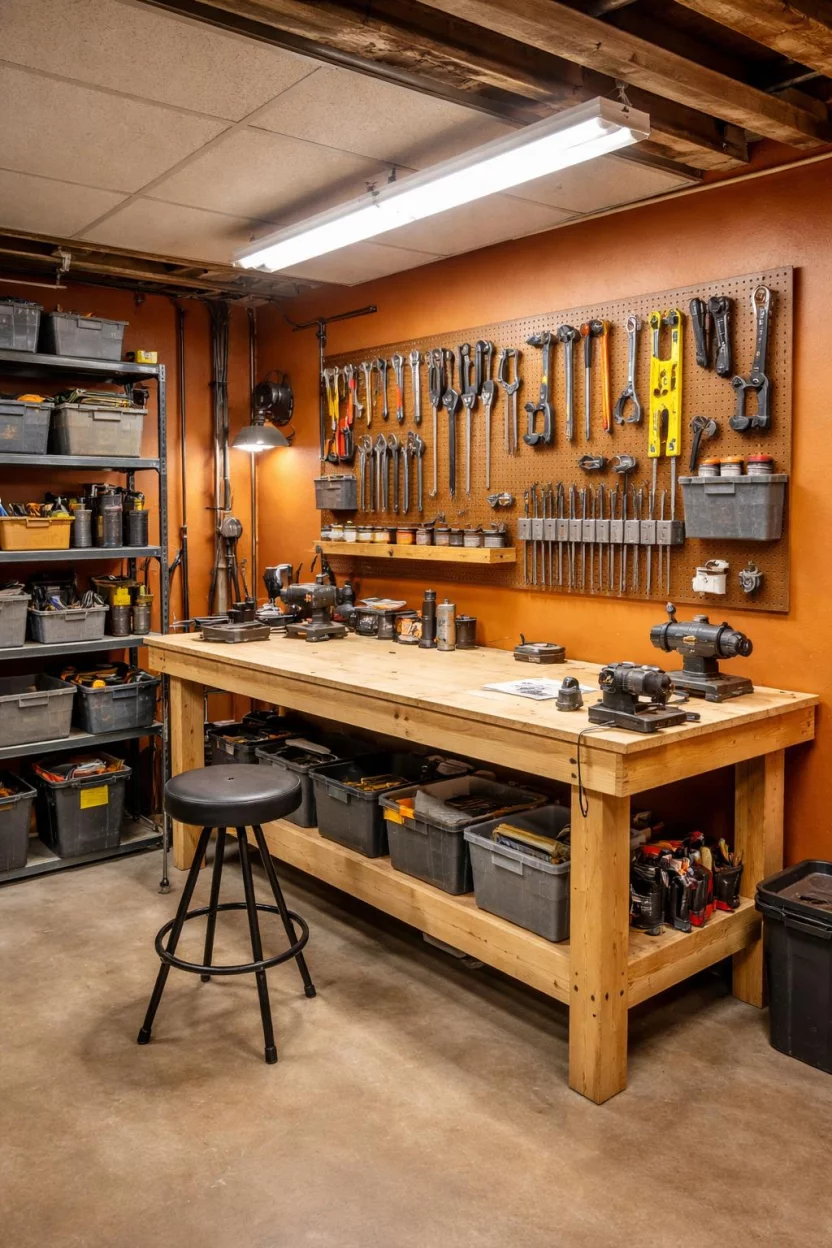 Rusty Orange A realistic photo of an American home's basement workshop with rusty orange walls, a sturdy wooden workbench, wall-mounted tool racks, and bright industrial lighting that creates a rugged and productive atmosphere for DIY projects.