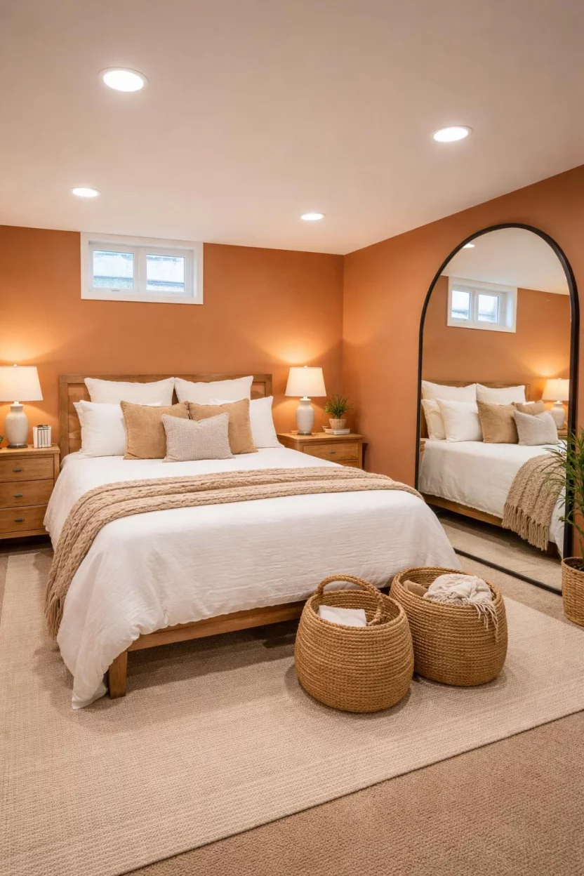 Warm Terracotta A realistic photo of an American home's basement guest bedroom with warm terracotta walls, white bedding, woven baskets, and a large arched mirror that reflects the earthy and inviting tones of the cozy underground sleeping quarters.