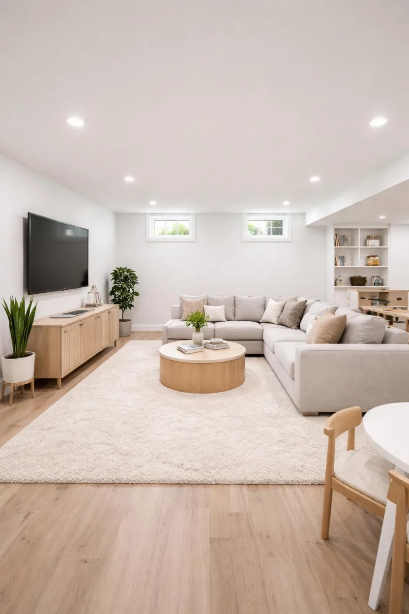 Classic Crisp White A realistic photo of an American home's basement featuring bright white walls and minimalist furniture, natural light filtering through small windows, light oak wood flooring, and a large plush cream rug creating a clean and airy atmosphere for a modern underground living area.