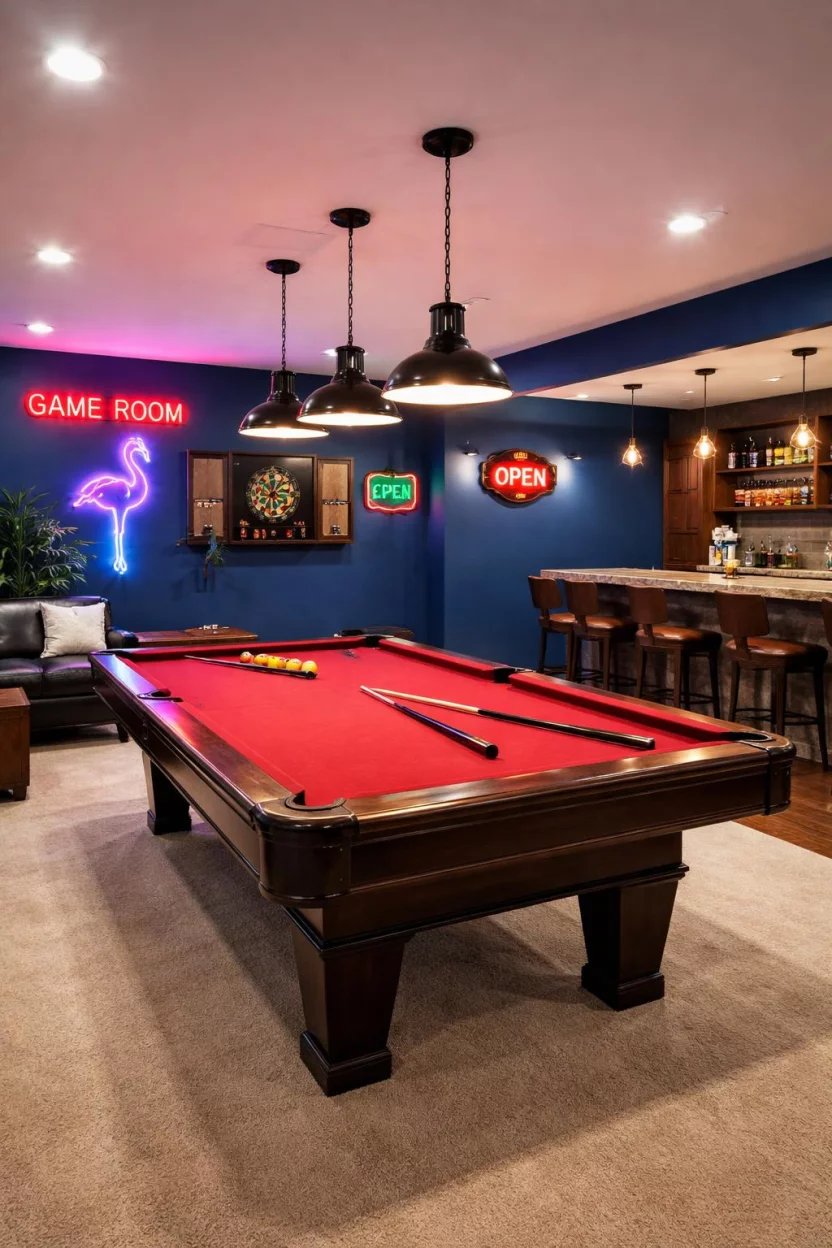 Electric Cobalt Blue A realistic photo of an American home's basement game room with vibrant cobalt blue accent walls, a pool table with red felt, neon signs, and industrial style lighting that creates a high energy atmosphere for entertaining guests.