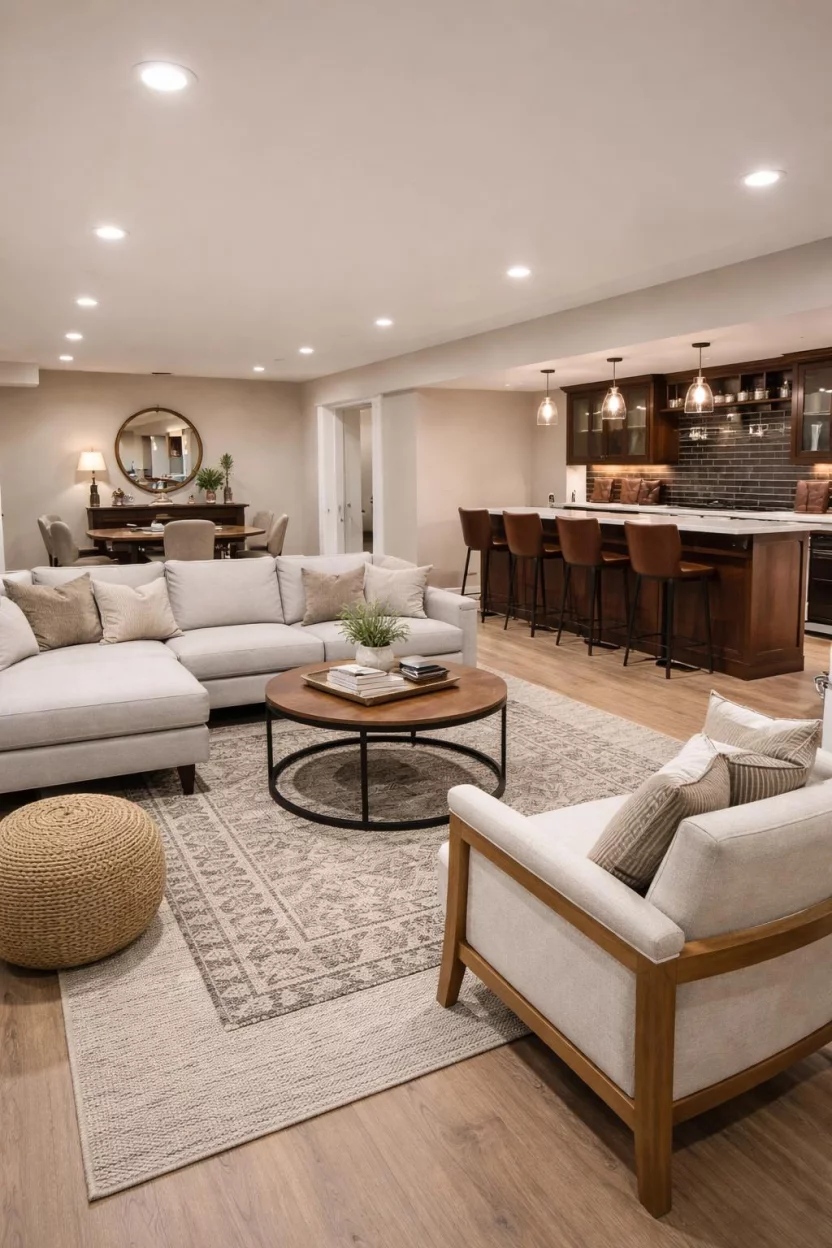 Sophisticated Greige A realistic photo of an American home's basement open floor plan with greige walls, a mix of modern and traditional furniture, layered area rugs, and a small wet bar with dark wood accents that blend warmth and neutrality perfectly.