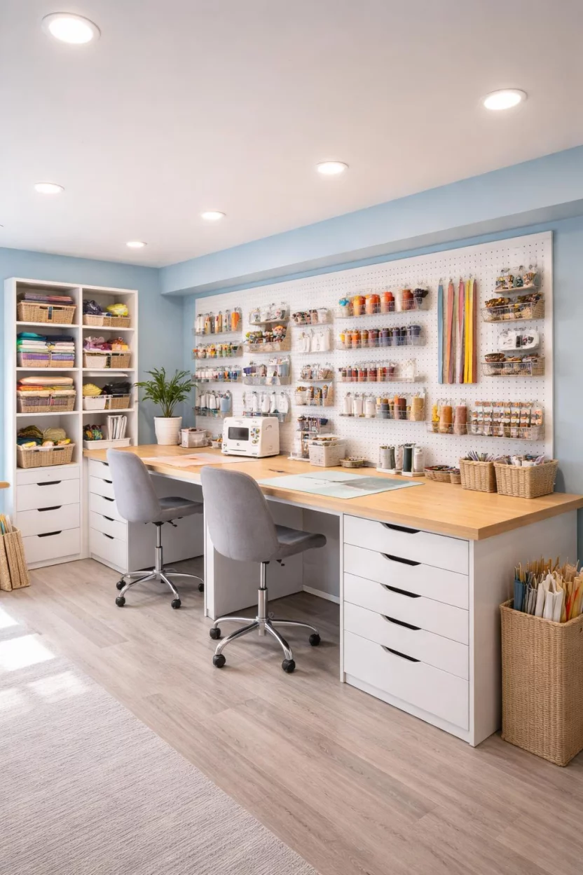 Soft Sky Blue A realistic photo of an American home's basement craft room with soft sky blue walls, white pegboards filled with supplies, a long wooden craft table, and bright daylight bulbs that simulate a sunny afternoon in a creative workspace.