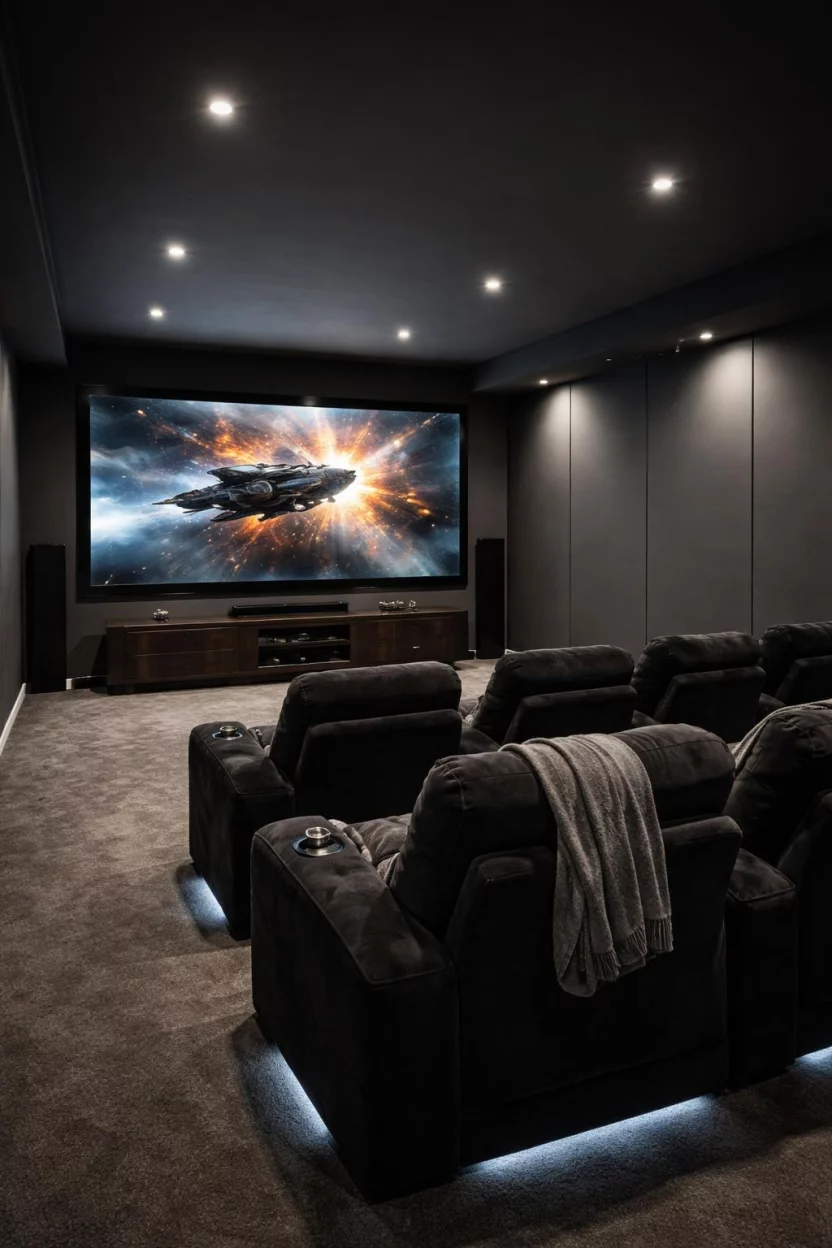 Moody Charcoal Gray A realistic photo of an American home's basement theater room with charcoal gray walls and ceiling, a massive television screen, plush black velvet theater seating, and dim recessed lighting that creates an authentic cinema experience in a residential space.