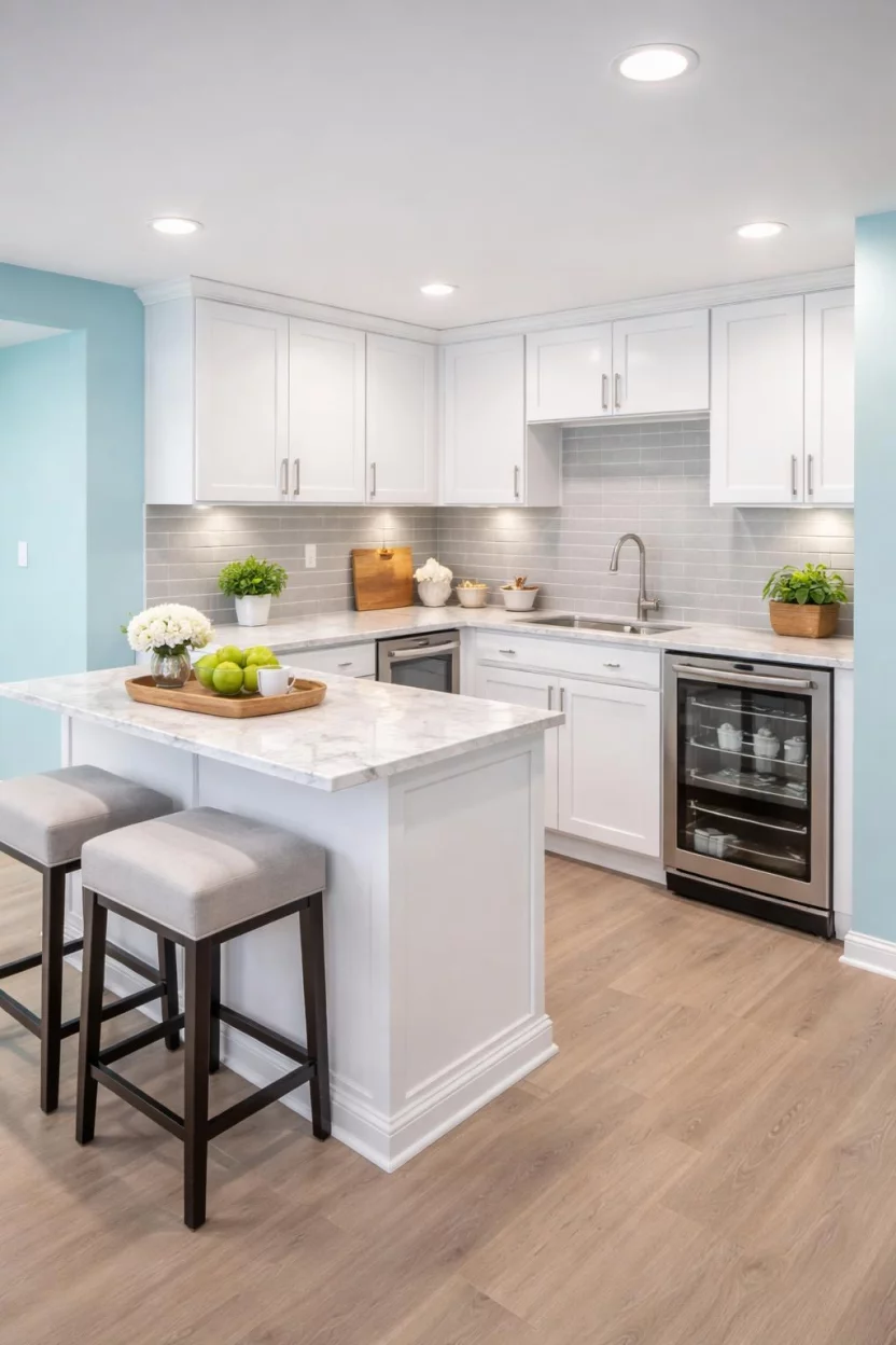 Crisp Minty Aqua A realistic photo of an American home's basement kitchenette with aqua blue walls, white modern cabinetry, a small marble island, and light gray backsplash tiles that create a bright and refreshing breakfast nook in a finished basement.