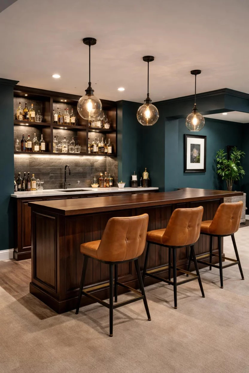 Teal Perfection A realistic photo of an American home's basement bar area with deep teal walls, a dark walnut bar counter, leather bar stools, and warm pendant lights that highlight the rich blue-green tones in a trendy lounge setting.