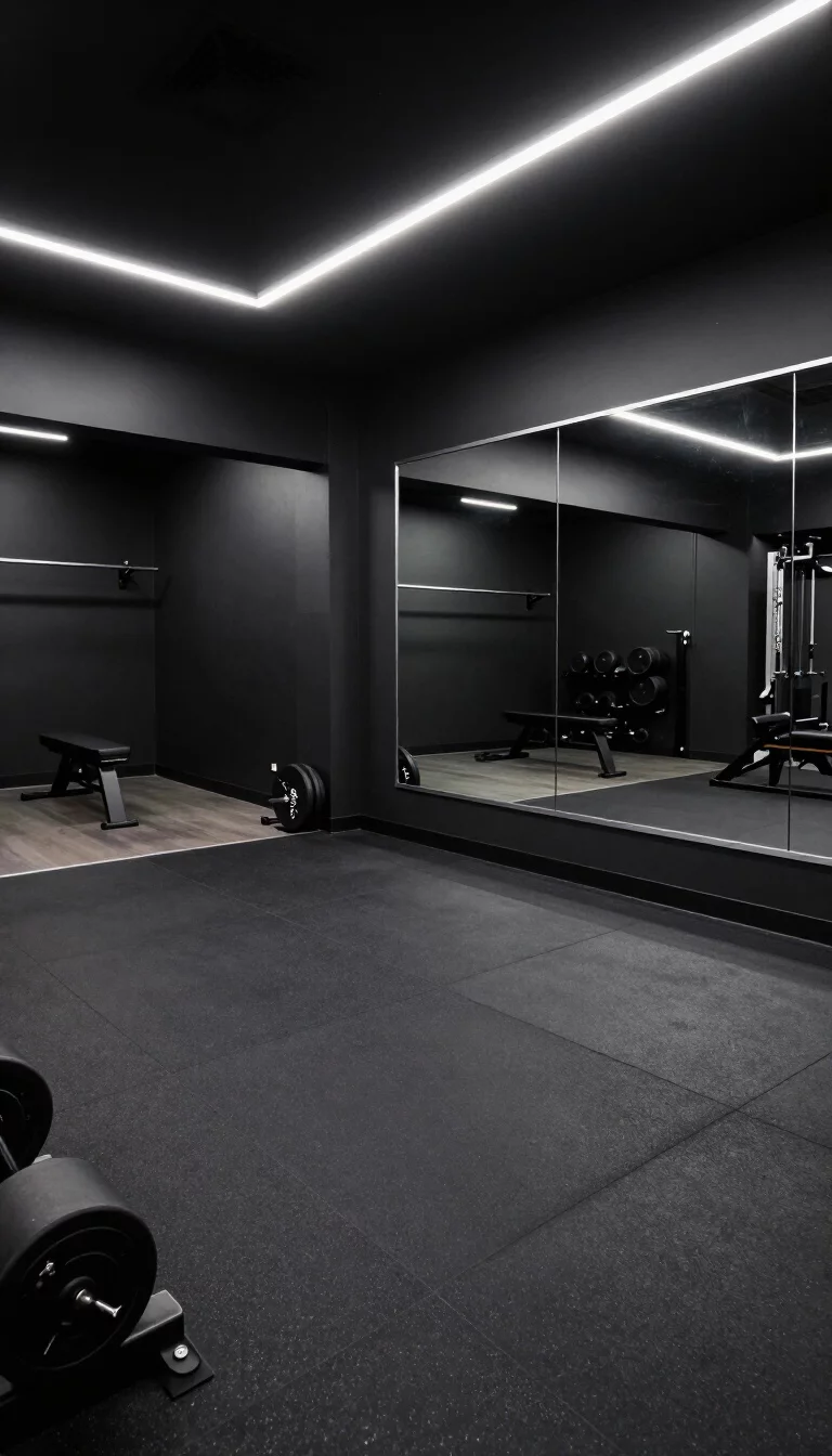 Matte Black A realistic photo of an American home's basement gym with matte black walls, large floor to ceiling mirrors, rubber gym flooring, and bright neon strip lighting that creates a sleek and focused environment for high intensity daily workouts.