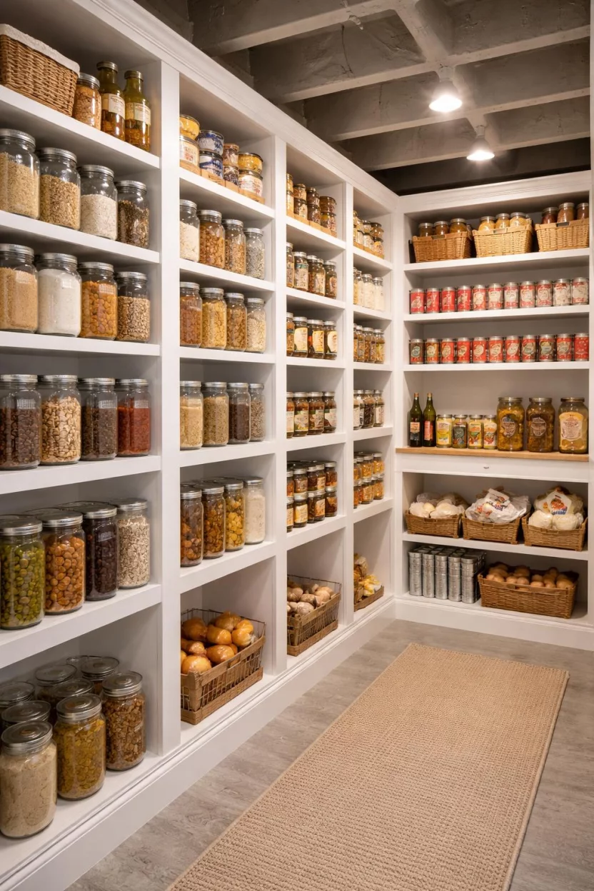 A realistic photo of an American home's basement pantry with tall white built in shelves stocked with glass mason jars of dry goods and silver cans of soup arranged by size.