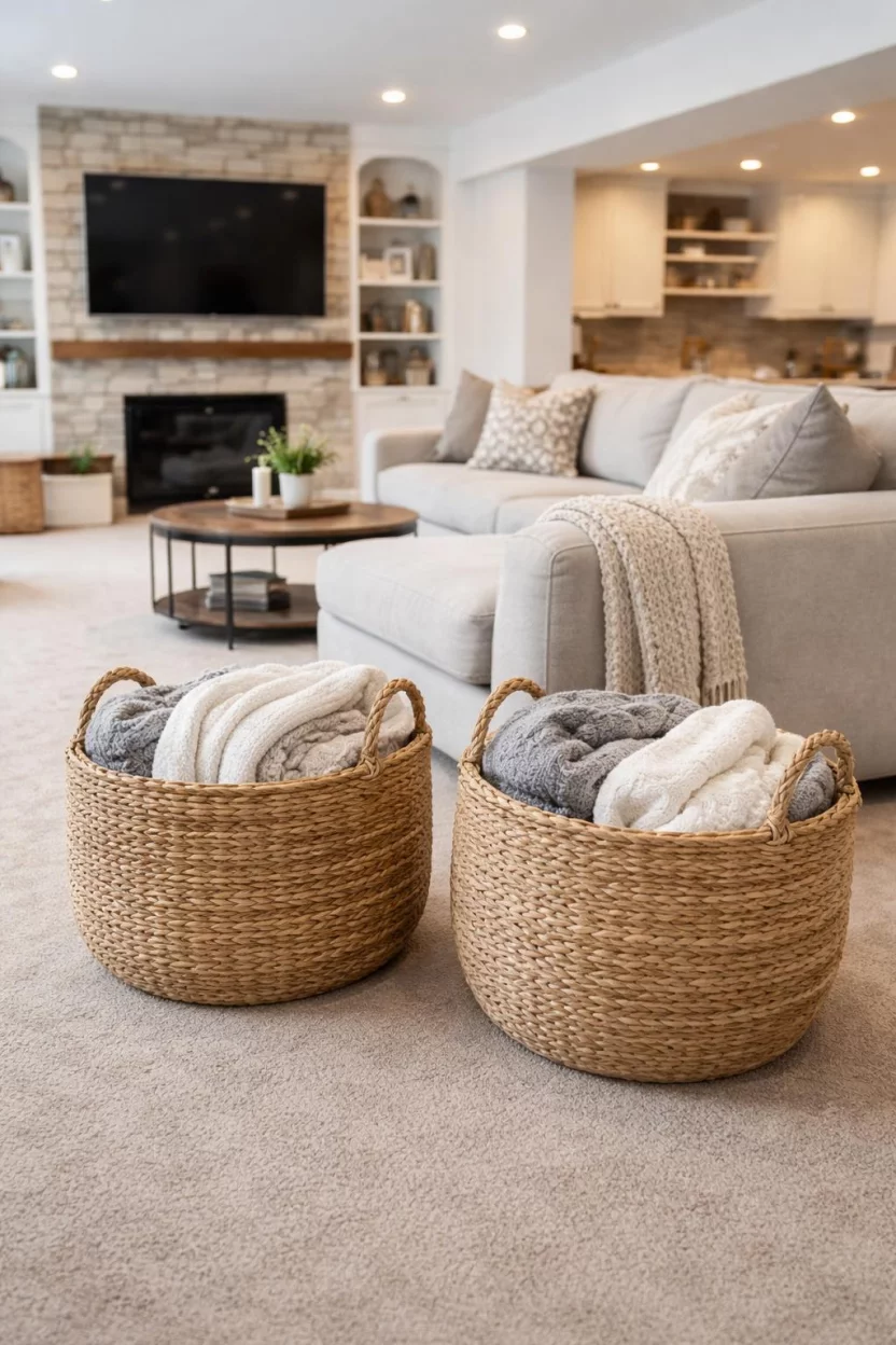 A realistic photo of an American home's basement living area with two large round seagrass woven baskets filled with soft white and grey blankets next to a couch.