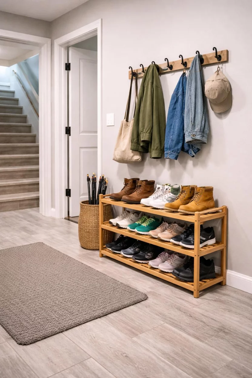 A realistic photo of an American home's basement entry area with a light brown bamboo three tier shoe rack holding various colorful sneakers and brown leather boots.