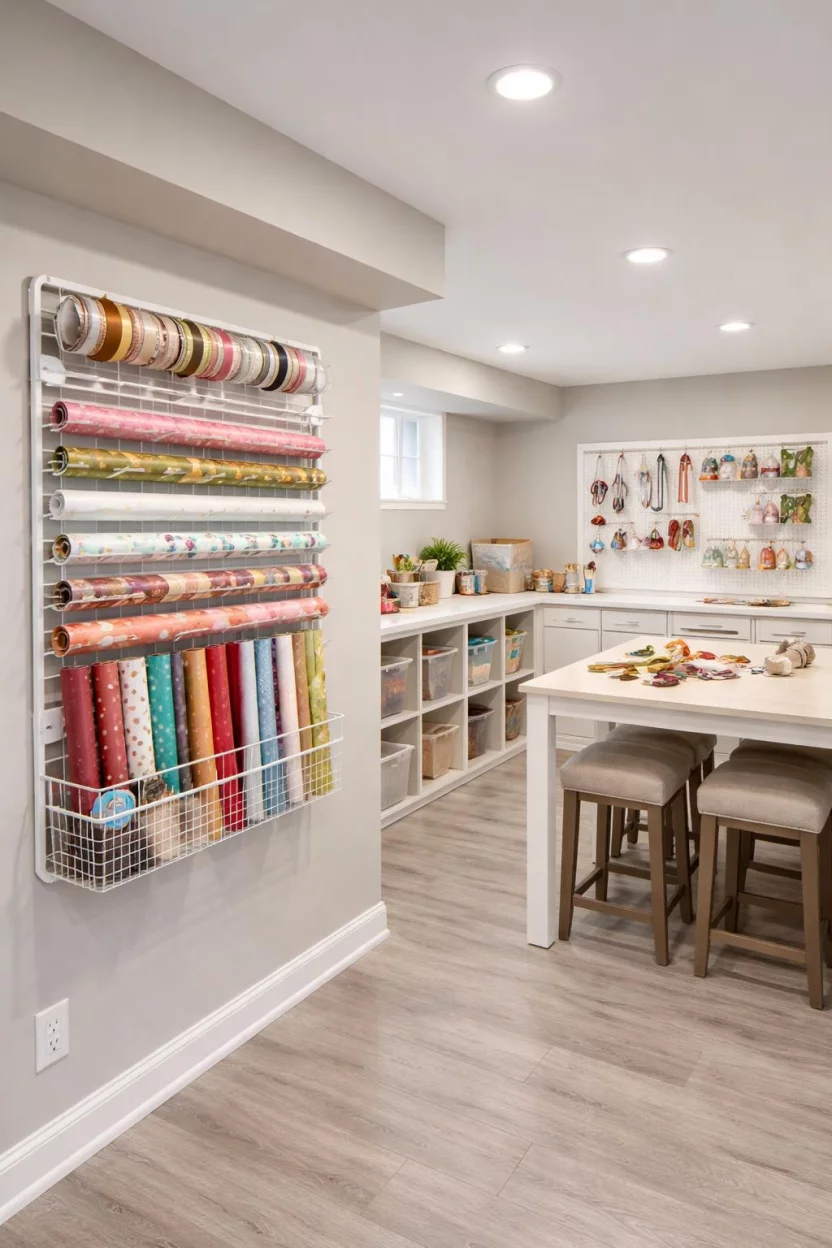 A realistic photo of an American home's basement craft room featuring a wall mounted white metal gift wrap organizer with long rolls of colorful wrapping paper and a small basket for tape.