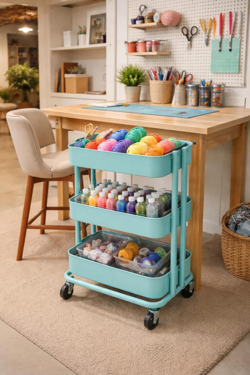 A realistic photo of an American home's basement craft corner with a turquoise three tier metal rolling cart filled with colorful yarn and acrylic paint bottles next to a wooden table.