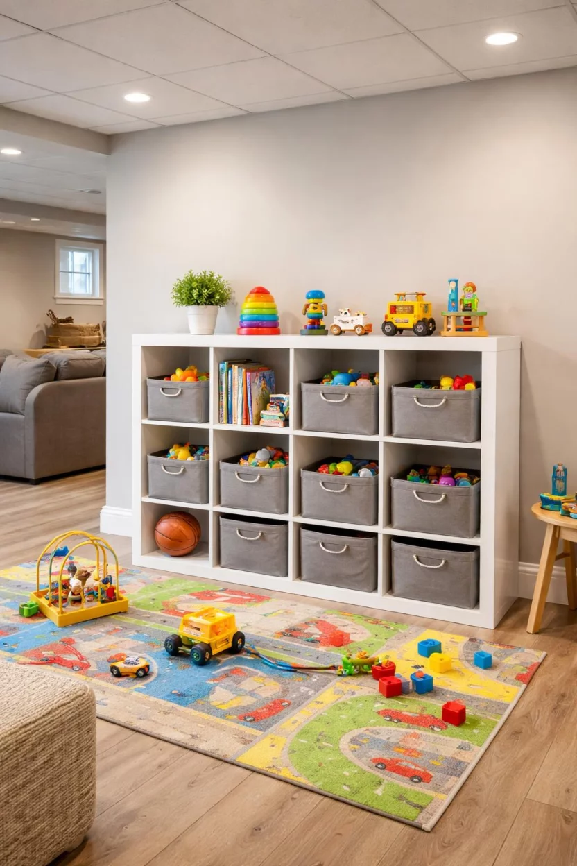 A realistic photo of an American home's basement playroom with a white modular cube storage unit featuring grey fabric bins filled with assorted colorful children's plastic toys.