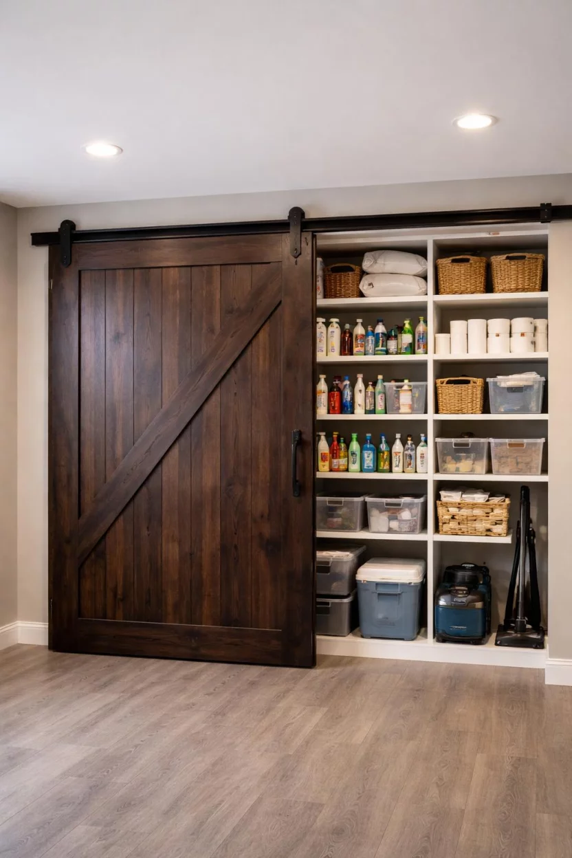 A realistic photo of an American home's basement storage wall with a large dark wood sliding barn door partially covering built in shelves filled with household supplies.