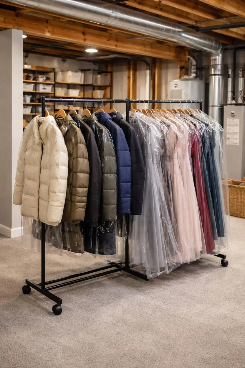 A realistic photo of an American home's basement with a black double rail metal clothing rack holding seasonal winter coats and formal dresses covered in clear plastic garment bags.