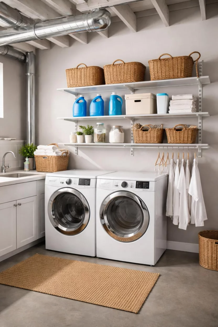 A realistic photo of an American home's basement laundry area featuring white adjustable wall track shelving with shelves holding bottles of blue laundry detergent and woven wicker baskets.