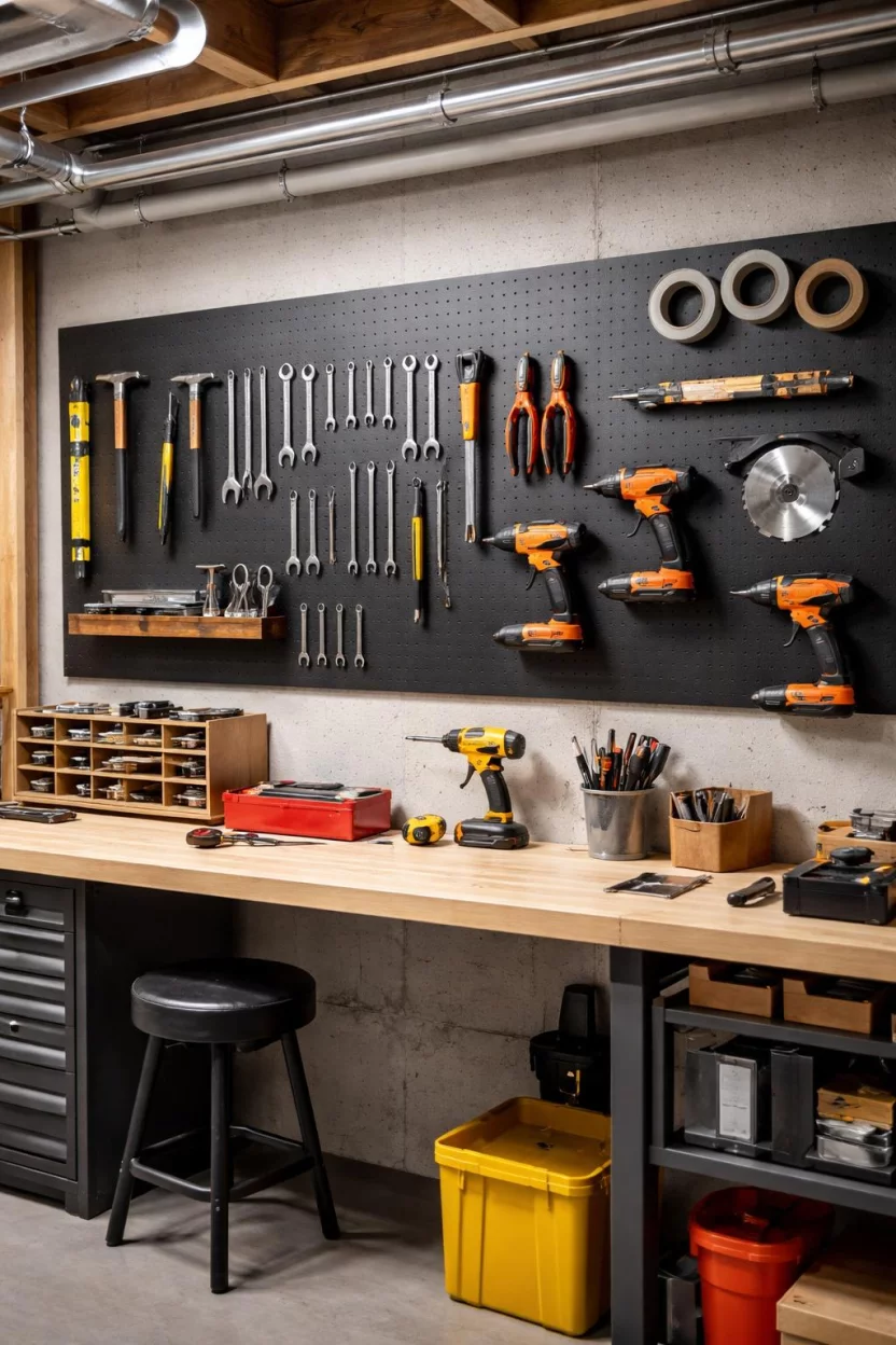 A realistic photo of an American home's basement workshop area with a large matte black pegboard mounted on the wall holding various silver metal hand tools and orange power drills arranged neatly.