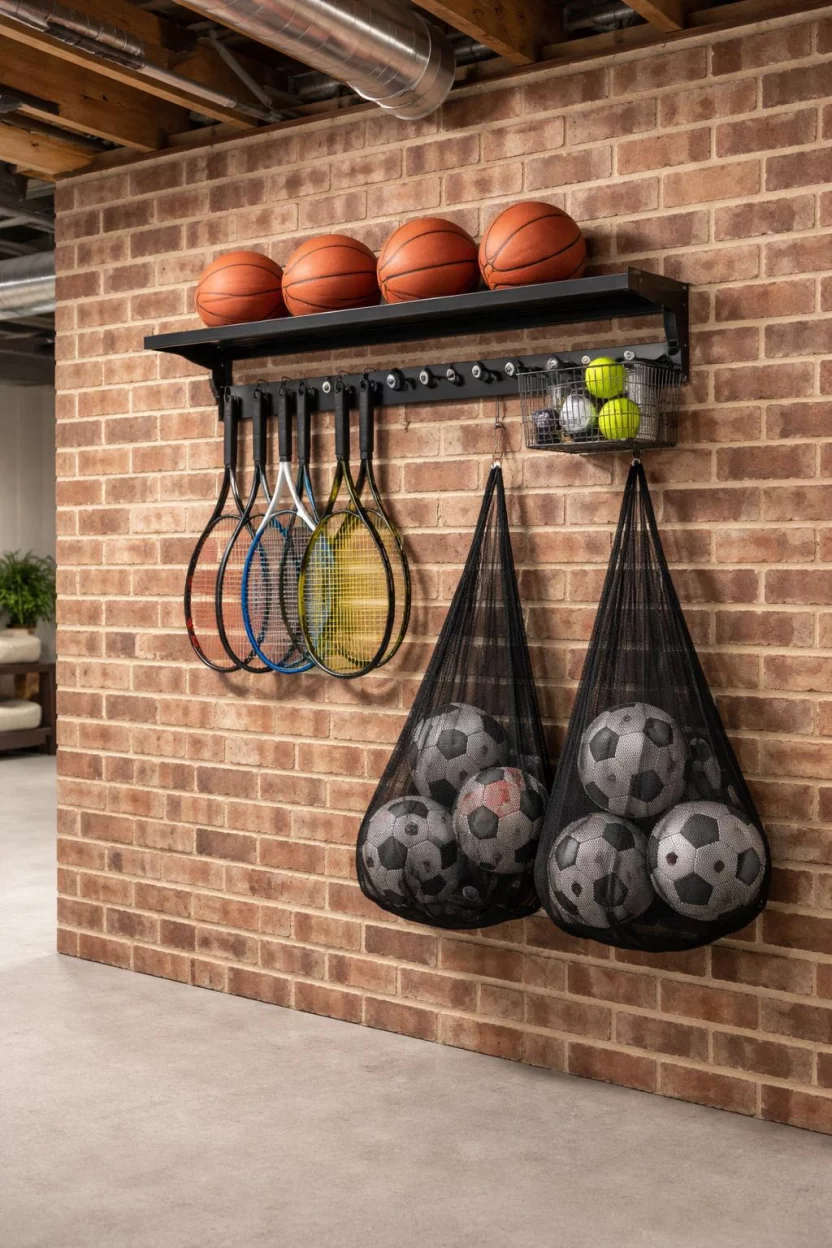 A realistic photo of an American home's basement with a black metal wall mounted sports rack holding basketballs, tennis rackets, and black mesh bags of soccer balls against a brick wall.